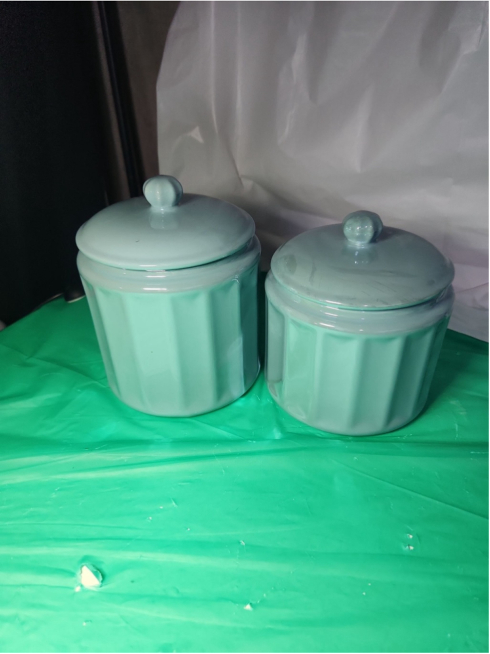 Set of 2 Light Blue Ceramic Canisters w/ Lids